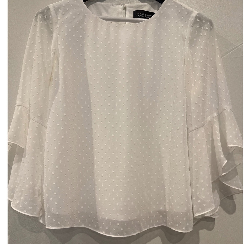Black Label by Evan-Picone White Swiss Dot Tiered Bell Sleeve Blouse Top M #M